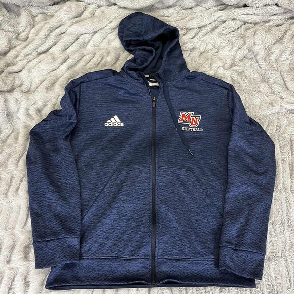 Malone University Adidas Hoodie Mens Large Blue Full Zip Sweatshirt Climawarm - Picture 1 of 8